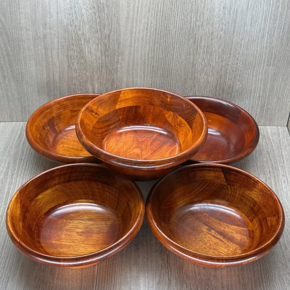 Mountain Woods Vintage Set of 5 Siamese Teak Wooden Salad Bowl Handcrafted Brown